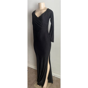 This item is a black long-sleeve maxi dress